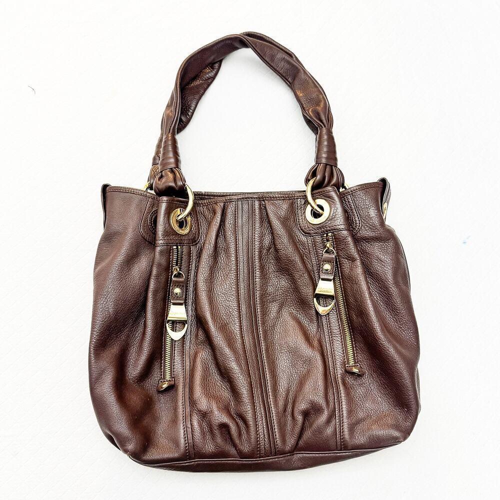 B. Makowsky Chocolate Brown Pebbeled Leather Gold Accents Two Straps Purse/Bag